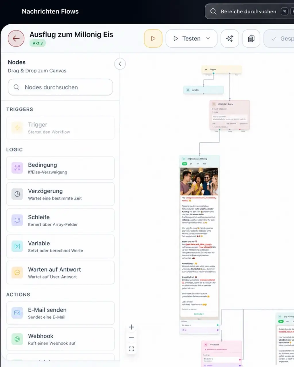 Editor für automatisierte Nachrichten-Abläufe mit verbundenen Bausteinen