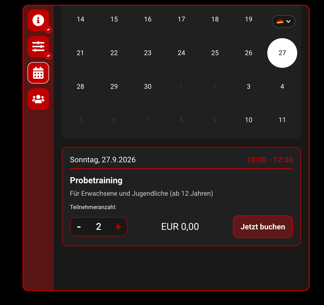 Buchungsformular mit Kalender und Auswahl des Probetrainings
