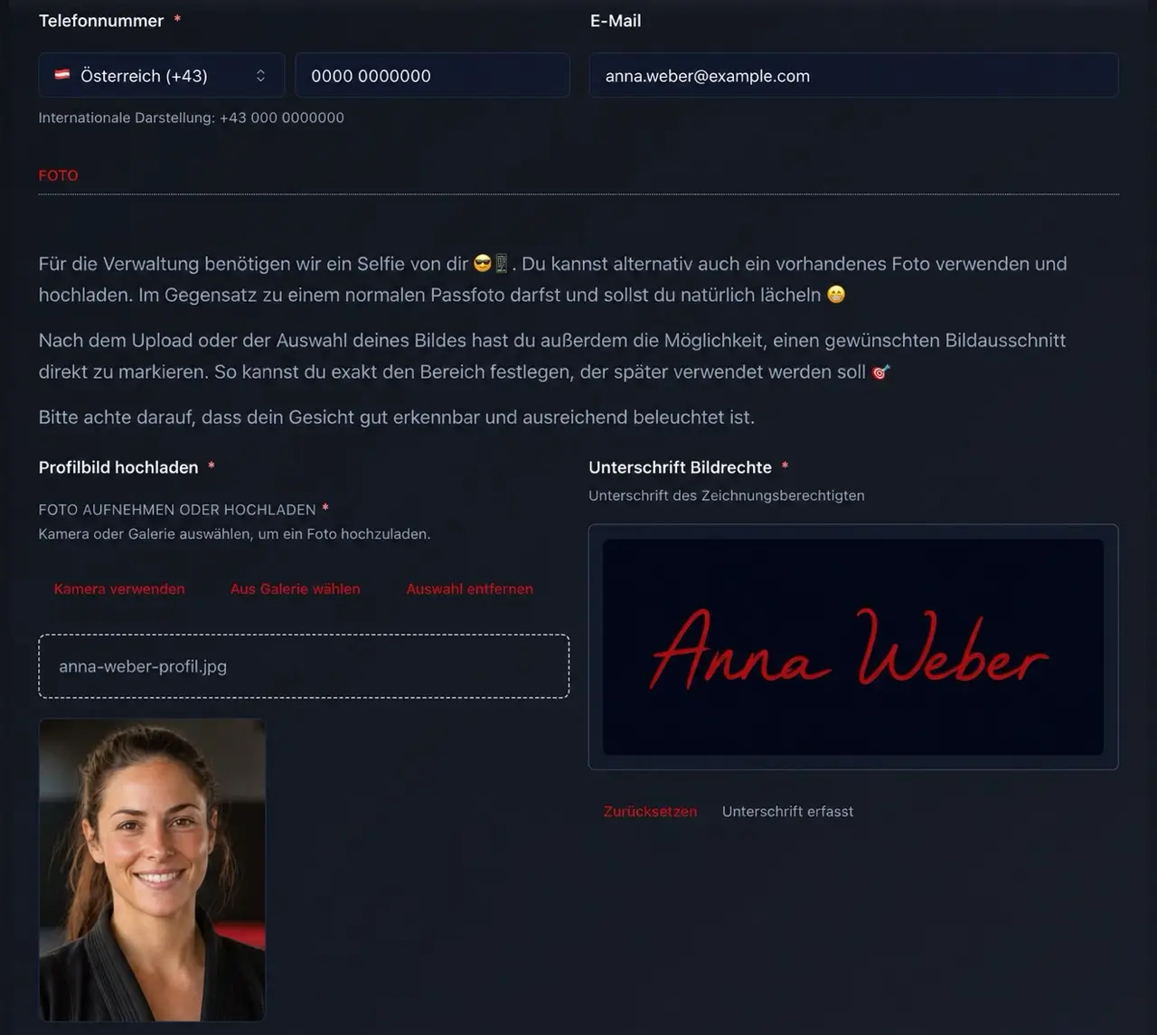 Digitales Anmeldeformular mit Profilbild und erfasster Unterschrift